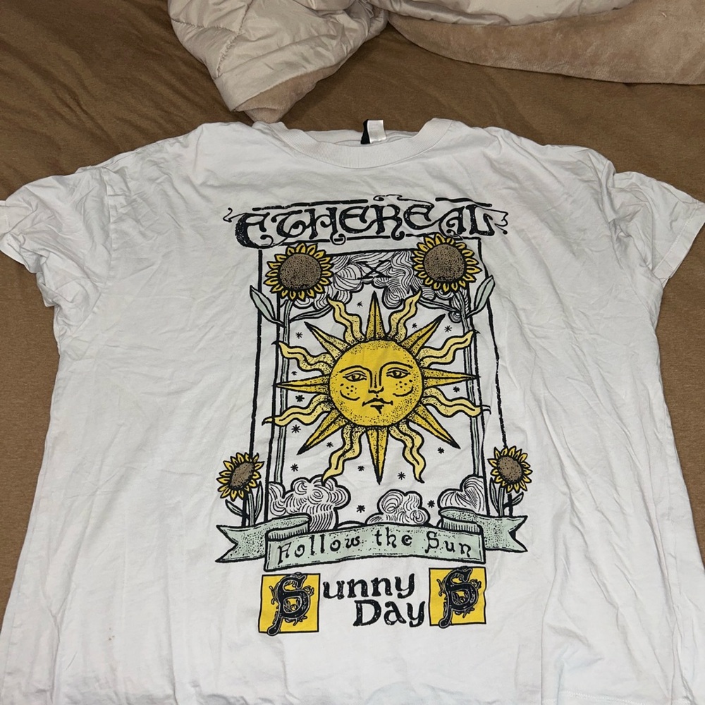 H&M White Graphic Tee with Sun Design